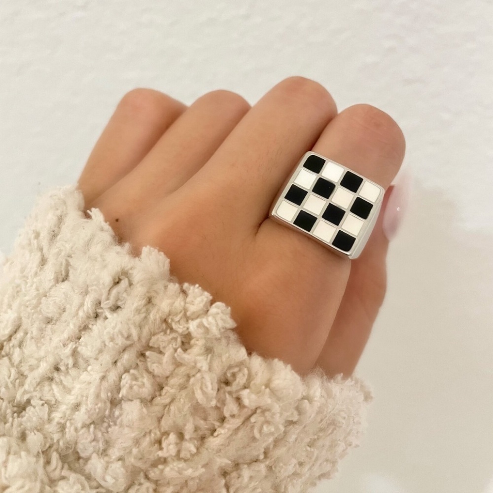925 Sterling Silver Black & White Checkered Ring Square Ring